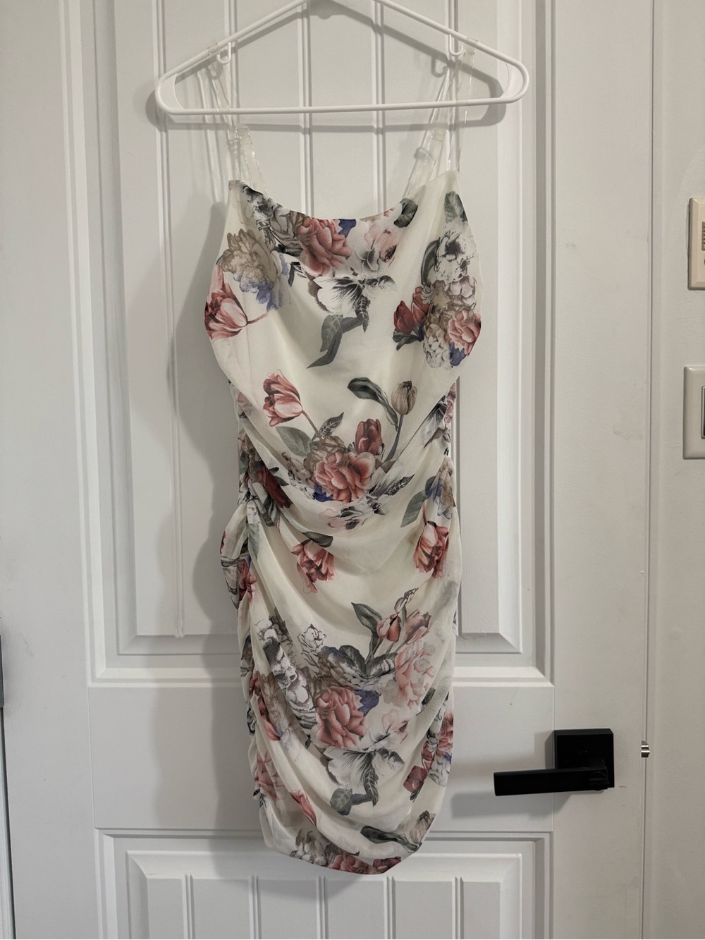 Fashion Nova Ivory Floral Cowl Mini Dress with Pink Roses